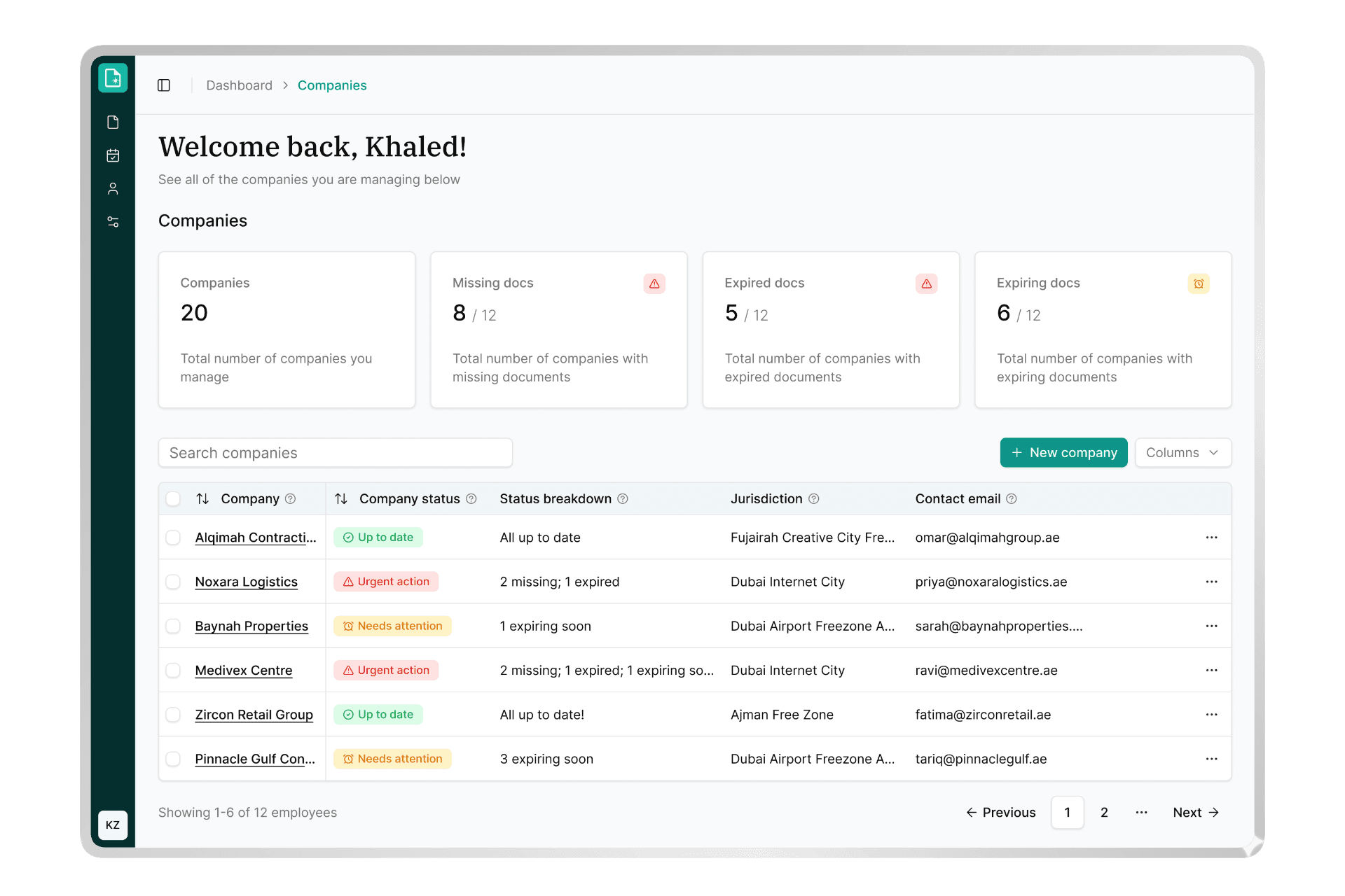 Duebly dashboard preview showing company compliance tracking